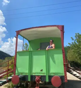 אדם עומד על קרון רכבת וינטג ירוק ונהנה מטיולים בצפון הארץ. הם מחייכים למצלמה כשהרכבת הנייחת מוקפת בירק שופע תחת שמיים כחולים צלולים.