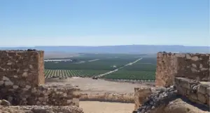 שוכן בתוך חורבות אבן עתיקות, שדות ירוקים רחבי ידיים משתרעים תחת שמיים כחולים צלולים. שביל עפר קורא לנוסעים לחקור את האטרקציות של ישראל, כשהאופק הרחוק נראה תחת אור השמש הבהיר.