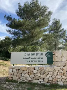 על קיר אבן מותקן שלט אזור פיקניק צוק בעברית, ערבית ואנגלית. הוא ניצב על רקע עצי אורן תחת שמיים בהירים - מקום מושלם לחוויות בטבע בישראל.