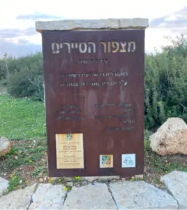 לוח מתכת על בסיס אבן, חרוט בעברית, ניצב בחן בין שיחים ירוקים מתחת לשמים מעוננים. כתמים קטנים של דשא ופרחי בר מוסיפים קסם - אטרקציה לאלו שחוקרים ומטיילים בישראל.