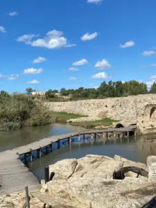 נוף שליו עם גשר אבן שחוצה מעל נהר רגוע. ירוק עבות ועצים מקיפים את האזור תחת שמיים כחולים צלולים עם עננים מפוזרים. הסצנה מזמינה את מטיילים בישראל לחוות את הקסם השליו והציורי שלה בזמן שהם חוקרים את חוויות בטבע בישראל.