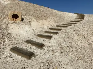 מדרגות אבן משובצות בצלע גבעה סלעית מובילות כלפי מעלה מתחת לשמים כחולים צלולים. ליד המדרגות מוטבע שלט מבולבל עם כיתוב בלתי קריא באדמה. השטח הלא אחיד הזה עם סלעים קטנים מפוזרים בבלוג טיולים בארץ מזמין אתכם לחוות חוויות בטבע בישראל.