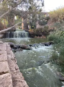מפל קטן זורם מעל אבנים מוערמות לתוך נחל מתון מוקף ירוק ויוצר אתר ציורי למטיילים בישראל. גשר אבן מקושת, מכוסה חלקית בעצים וצמחים, משפר את הסביבה השלווה והטבעית - מקום מומלץ לטיול מושלם.