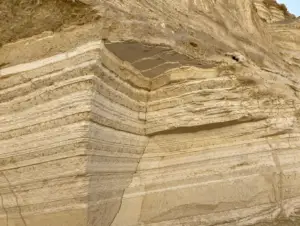 תקריב של תצורת סלע המציגה שכבות אופקיות רבות של משקעים בגווני בז וחום. הדפוס הגיאולוגי הבולט הזה מספר סיפור של שקיעת משקעים. גלה פלאים דומים בבלוג שלנו טיולים בארץ, עם חוויות בטבע בישראל ייחודיות.