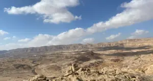 נוף מדברי עצום עם שטח סלעי נפרש מתחת לשמים כחולים מנוקדים בעננים לבנים. גבעות ועמקים סלעיים משתרעים על פני האופק, מהדהדים את היופי של טיולים בצפון הארץ ומציעים מטיילים בישראל נופים ברורים של תצורות גליות בצבע חול.