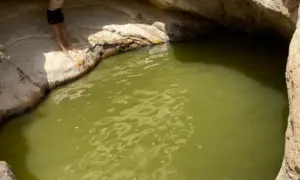 אדם עומד בקצה בריכה סלעית וטבעית, מוכן לזנק למים הירקרקים. מוקף בתצורות סלע מדהימות, זה פנינה נסתרת מושלמת לכל מי שחוקר את האטרקציות או מחפש טיפים לטיולים בבלוג טיולים בארץ.