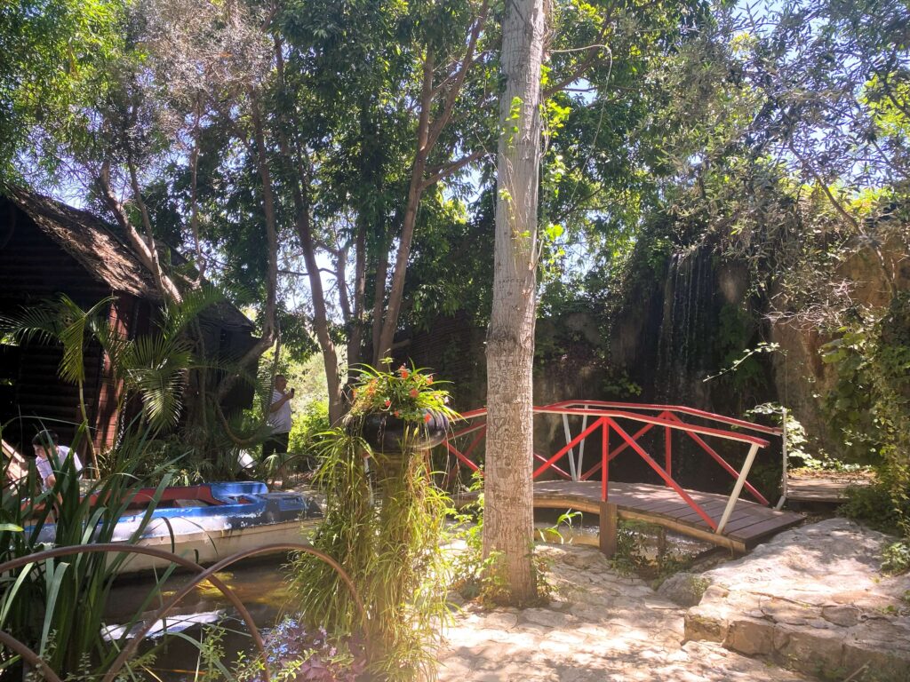 גשר עץ קטן עם מעקות אדומים חוצה אגם מוקף בצמחייה עבותה, עצים ושבילי אבן בגן שטוף שמש ומוצל. סירה כחולה מונחת על שפת האגם.