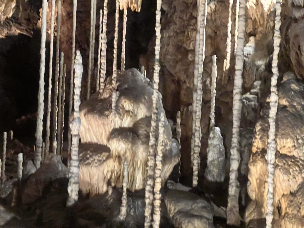 נטיפים וסטלגמיטים גבוהים ודקים במערה מוארת באור עמום, עם תצורות מינרליות העולות מהרצפה ותלויות מהתקרה, ויוצרות נוף תת-קרקעי דרמטי ומרקם.