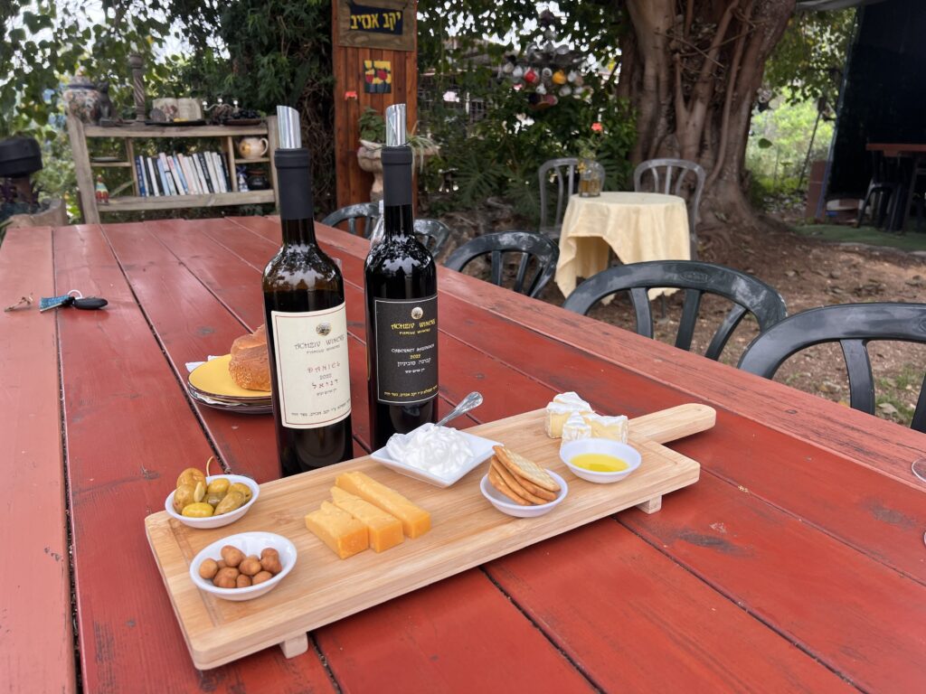 שולחן אדום כפרי בחוץ עם מגש עץ ועליו גבינות, קרקרים, אגוזים, זיתים, מטבלים ושמן זית. שתי בקבוקי יין, מאפה על צלחת וכסאות ריקים מקיפים את השולחן. ברקע נראים עצים וקישוטים לגינה.