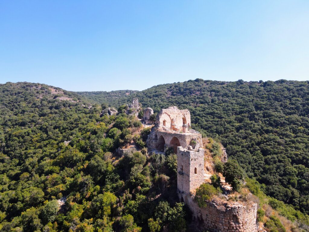מבט אווירי על חורבות אבן עתיקות על גבעה מיוערת, מוקפות בעצים ירוקים צפופים תחת שמיים כחולים וצלולים.