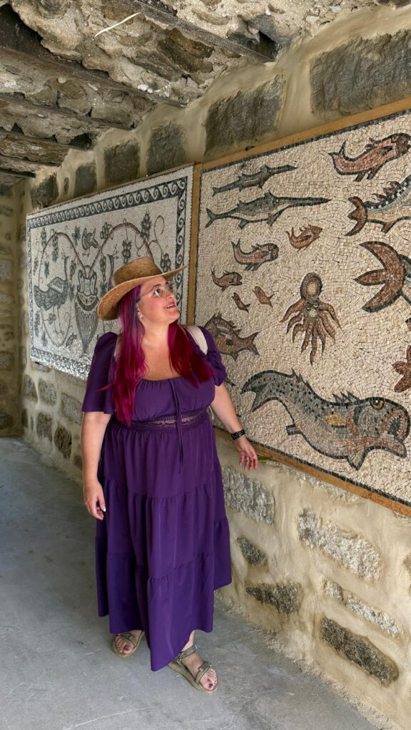 אישה עם שיער ורוד, לבושה בשמלה סגולה וכובע חום, עומדת מול קיר אבן מעוטר בפסיפס של יצורי ים, מביטה למעלה ומחייכת.