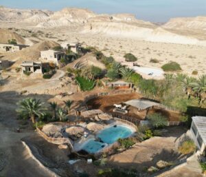 מבט אווירי על אתר נופש במדבר עם בריכת שחייה, כסאות נוח תחת שמשיות קש, עצי דקל ווילות מסביב השוכנות בין גבעות סלעיות וצמחייה דלילה.