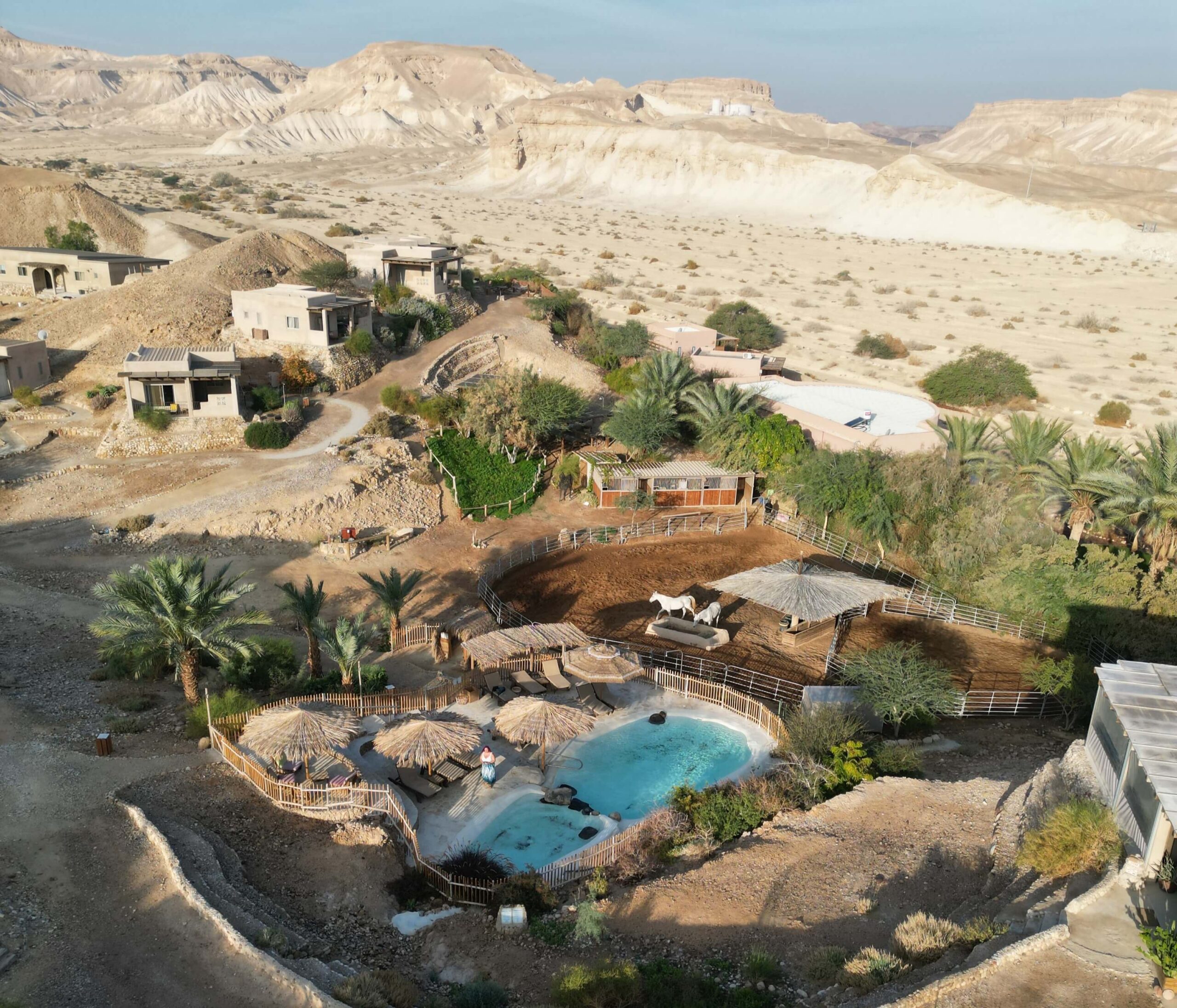 מבט אווירי על אתר נופש במדבר עם בריכת שחייה, כסאות נוח תחת שמשיות קש, עצי דקל ווילות מסביב השוכנות בין גבעות סלעיות וצמחייה דלילה.